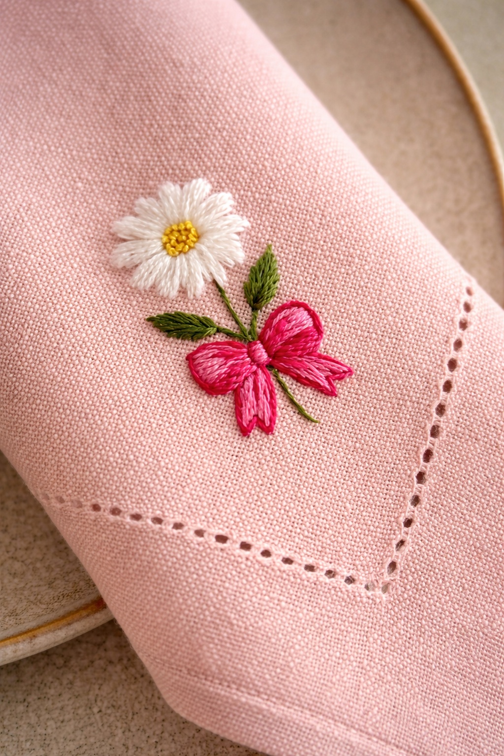 Daisy Pink serwetka lniana haftowana