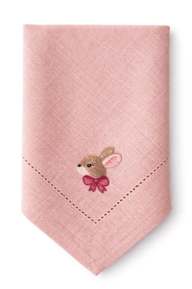 Serwetka lniana haftowana różowa królik