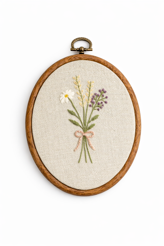 haftowany obrazek bukiet kwiatów rękodzieło dekoracja ścienna w drewnianej ramce