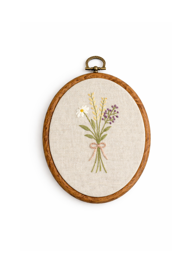 haftowany obrazek bukiet kwiatów rękodzieło dekoracja ścienna w drewnianej ramce