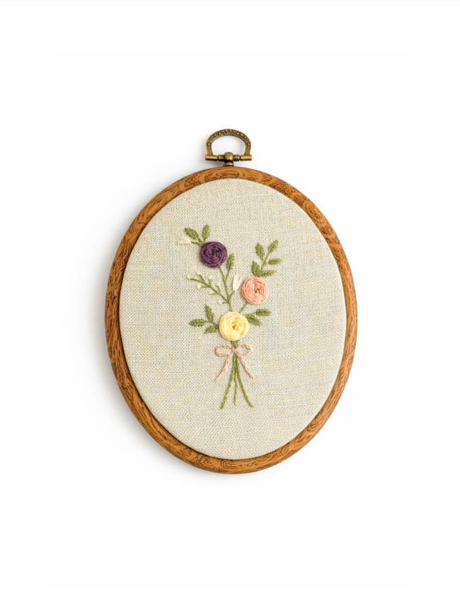 haftowany obrazek pastelowy bukiet kwiatów rękodzieło dekoracja ścienna w ramce