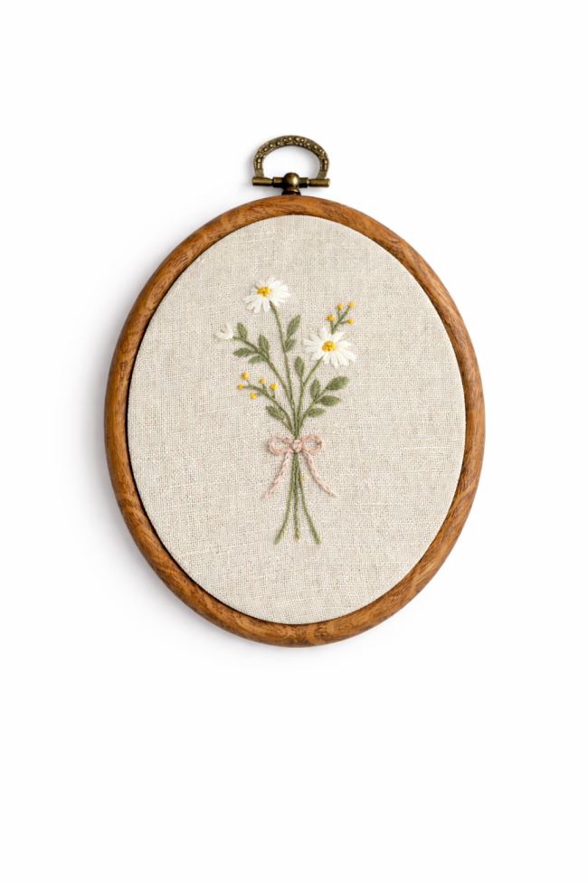 haftowany obrazek rumianki bukiet rękodzieło dekoracja ścienna w ramce