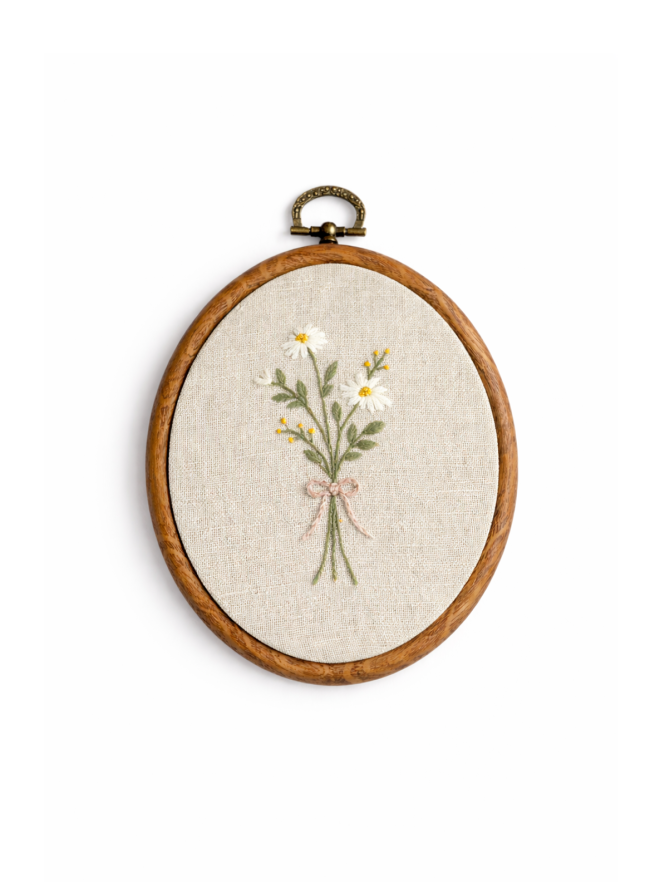 haftowany obrazek rumianki bukiet rękodzieło dekoracja ścienna w ramce